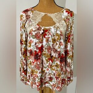 Women's Entro Floral Boho Peasant Top Lace Yoke Long Sleeve Small‎